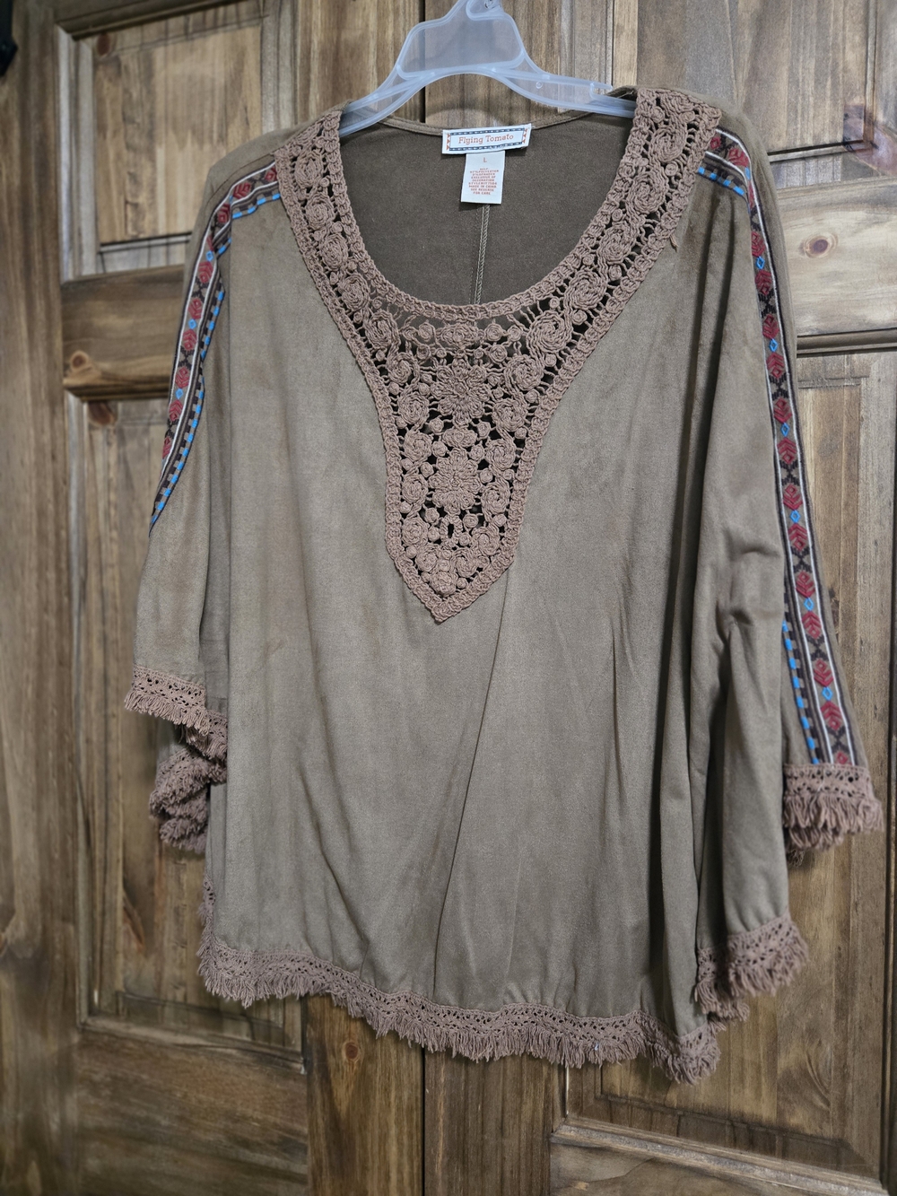 Boho Crochet-Trim Tunic Top in Brown
